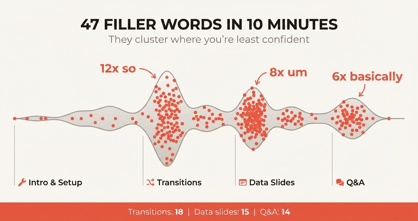 Infographic showing filler word distribution in a presentation — 47 filler words clustered at transitions and data slides