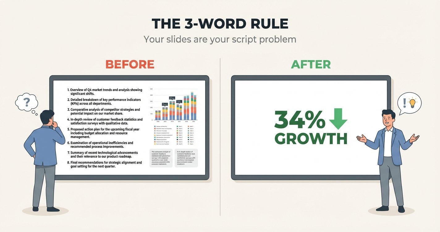 Infographic showing the 3-word rule for presentation slides — before and after comparison of text-heavy vs minimal slides