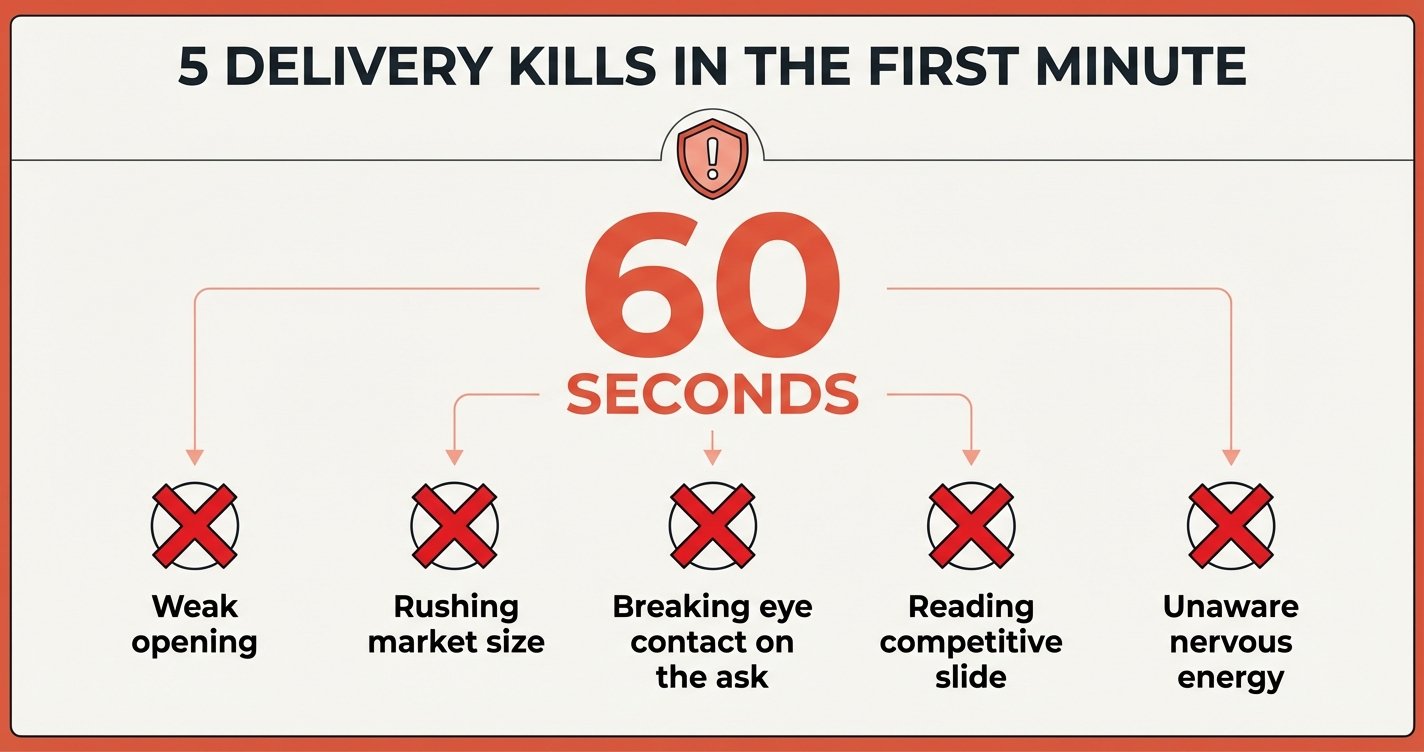 5 pitch delivery mistakes VCs notice in the first 60 seconds — weak opening, rushing, breaking eye contact, reading slides, nervous energy