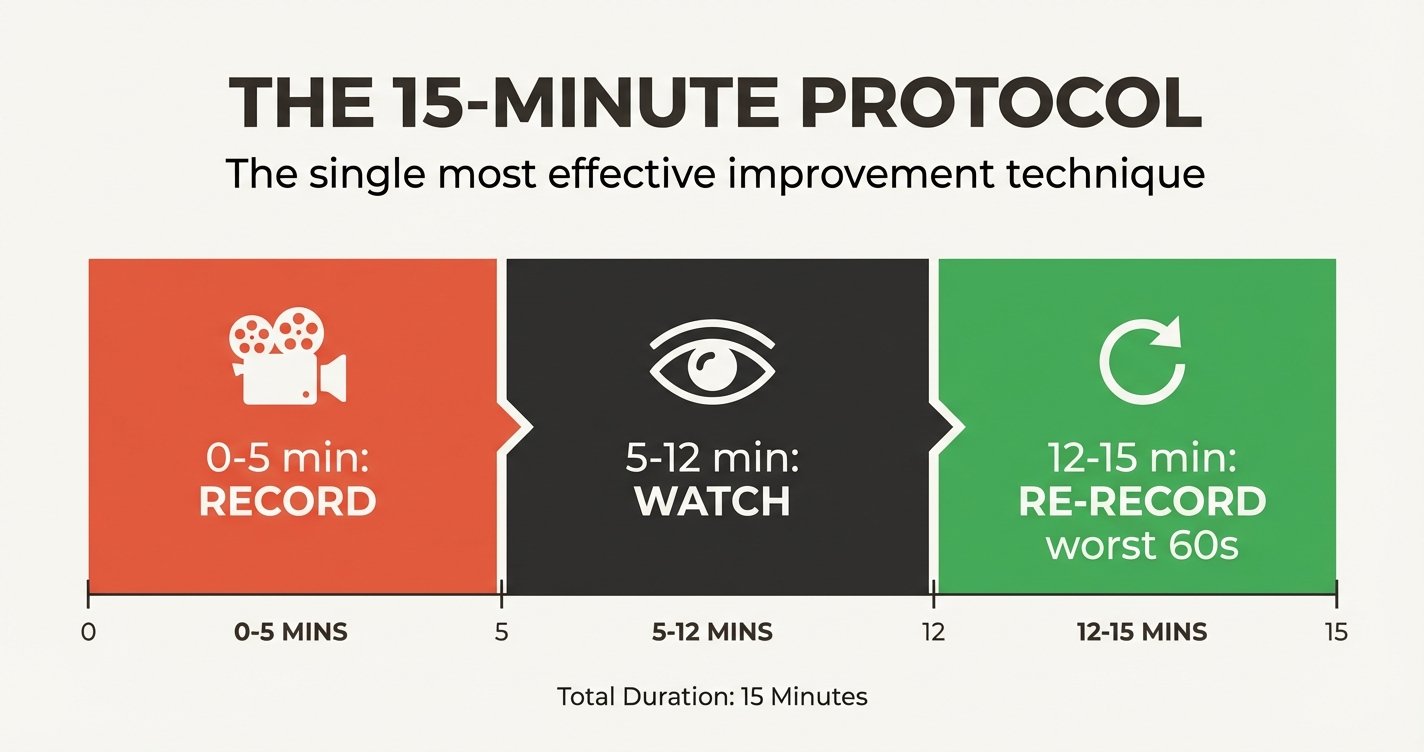 The 15-minute presentation improvement protocol — 5 minutes record, 7 minutes watch, 3 minutes re-record worst section
